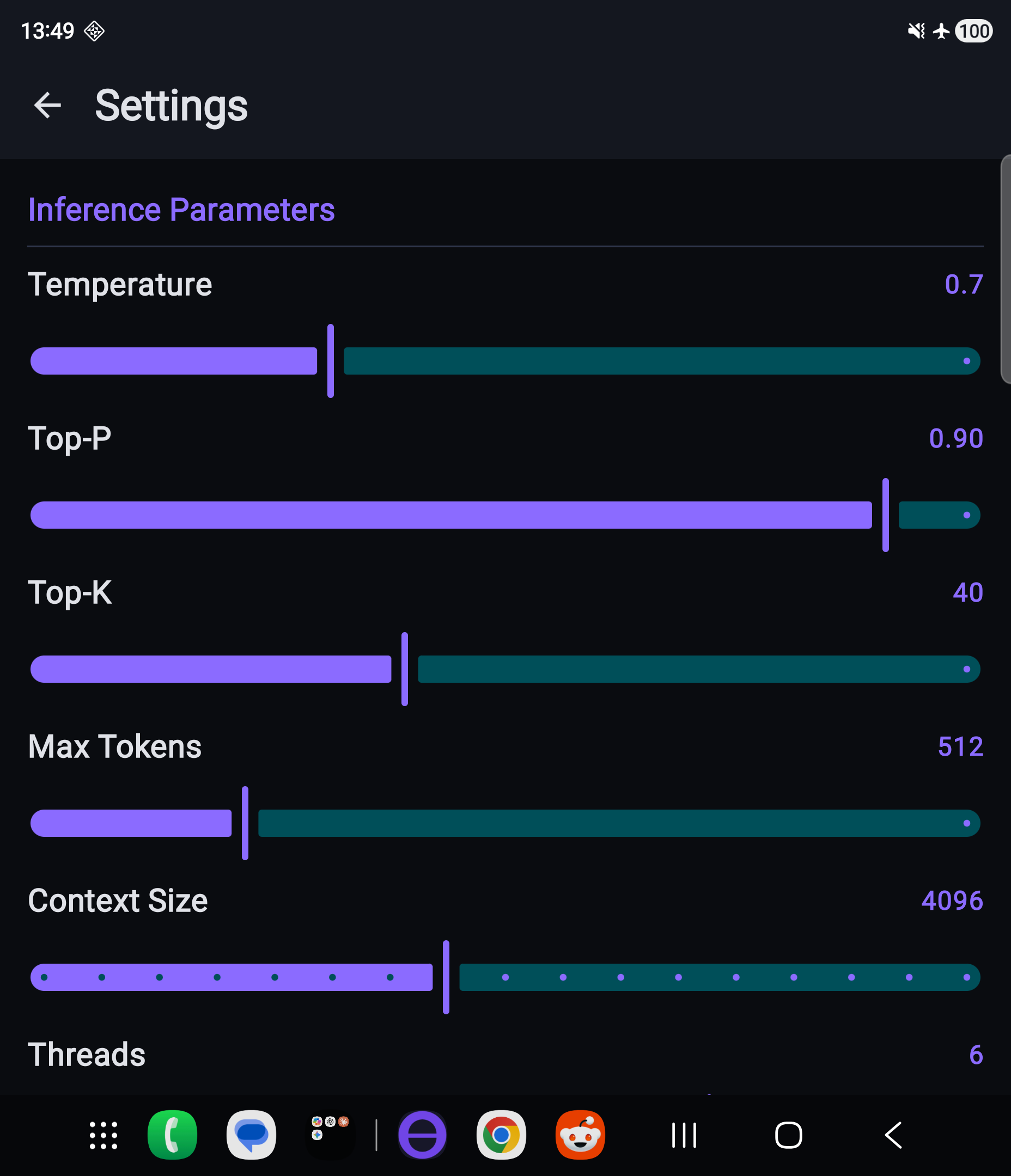 Settings — inference parameters